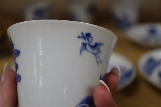 A set of six Chinese blue and white cups, three covers and four stands, 19th century